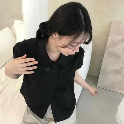 Double-Button Collared Short-Sleeve Shirt Blouse