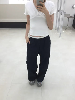 Natural Contrast Waist Comfort Long Pants