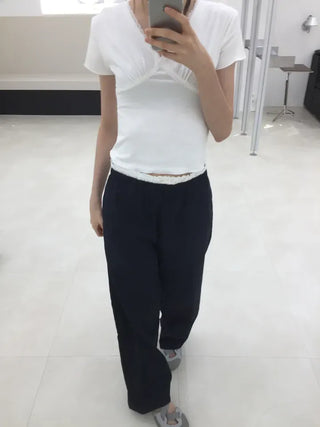 Natural Contrast Waist Comfort Long Pants