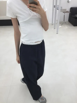 Natural Contrast Waist Comfort Long Pants