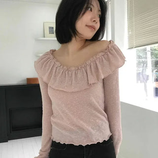 Frilled Cotton Plain Long-Sleeve T-Shirt
