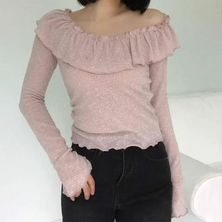 Frilled Cotton Plain Long-Sleeve T-Shirt