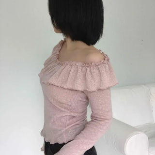 Frilled Cotton Plain Long-Sleeve T-Shirt