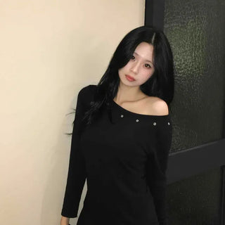 Chic Off-Shoulder Studded Slim Fit Long Sleeve T-shirt