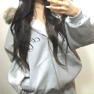Lettering Oversized Fur Zip-up Hoodie