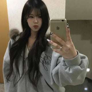 Lettering Oversized Fur Zip-up Hoodie