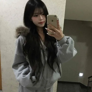 Lettering Oversized Fur Zip-up Hoodie