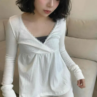 Feminine Lace V-Neck Flare Long Sleeve T-Shirt
