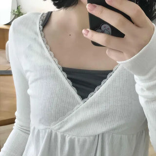 Feminine Lace V-Neck Flare Long Sleeve T-Shirt