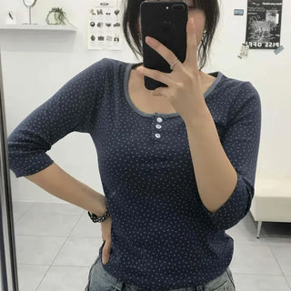 Chic Pearl Button Square Neck Slim Fit 3/4 Sleeve T-shirt