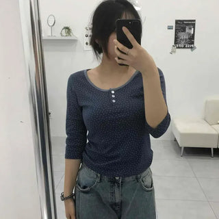 Chic Pearl Button Square Neck Slim Fit 3/4 Sleeve T-shirt