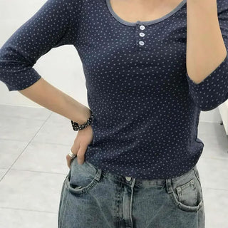 Chic Pearl Button Square Neck Slim Fit 3/4 Sleeve T-shirt