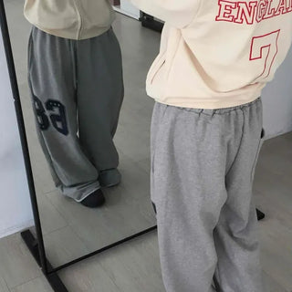 Number Print Elastic Waist Wide Sweatpants