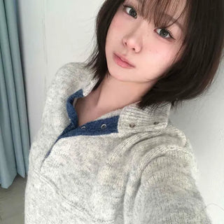 Loose-fit High-neck Button Mix Color Block Knit