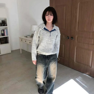 Loose-fit High-neck Button Mix Color Block Knit