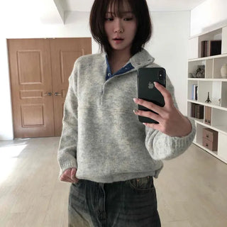 Loose-fit High-neck Button Mix Color Block Knit