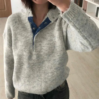 Loose-fit High-neck Button Mix Color Block Knit
