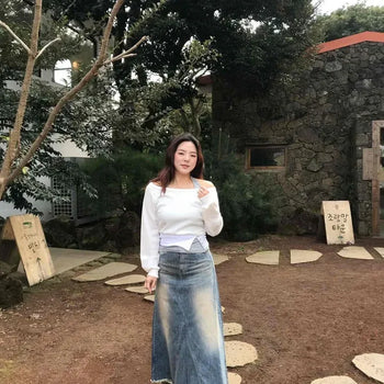 Vintage Washed Fringe Hem A-Line Denim Long Skirt