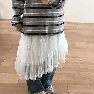 Asymmetrical Frill Mesh Layered A-Line Midi Skirt