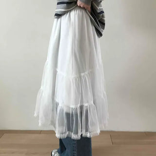 Asymmetrical Frill Mesh Layered A-Line Midi Skirt