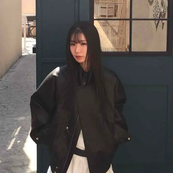 Oversized High-Neck Pocket Leather Blouson Jacket