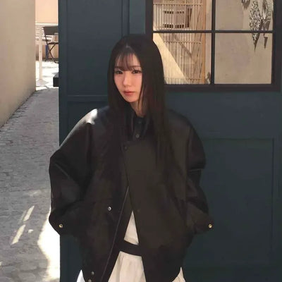 Oversized High-Neck Pocket Leather Blouson Jacket