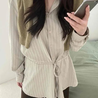 Shirt Collar Waist Ribbon Flare Short Mini Dress