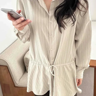 Shirt Collar Waist Ribbon Flare Short Mini Dress