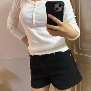 Slim Fit Fine Ribbed Placket Neck Snap Long Sleeve T-Shirt
