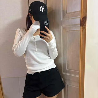 Slim Fit Fine Ribbed Placket Neck Snap Long Sleeve T-Shirt