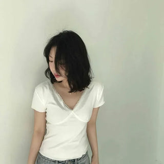 Slim Fit V-Neck Cross Shirred Short Sleeve T-Shirt