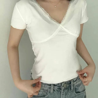 Slim Fit V-Neck Cross Shirred Short Sleeve T-Shirt