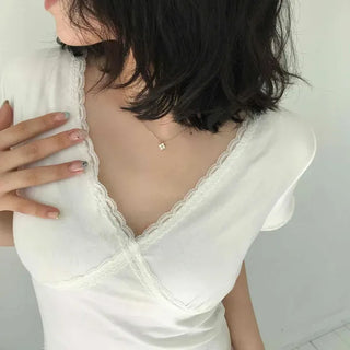 Slim Fit V-Neck Cross Shirred Short Sleeve T-Shirt