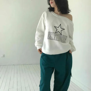 Star Lettering Half-Off-Shoulder Loose Fit Sweatshirt