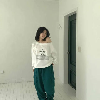 Star Lettering Half-Off-Shoulder Loose Fit Sweatshirt