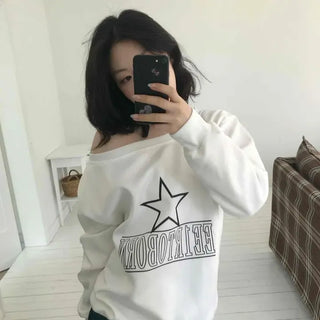 Star Lettering Half-Off-Shoulder Loose Fit Sweatshirt