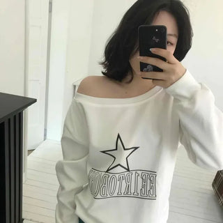 Star Lettering Half-Off-Shoulder Loose Fit Sweatshirt