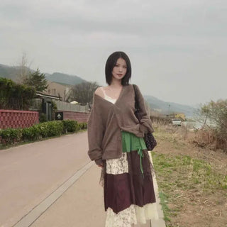 Printwork Color Block Lace Contrast A-Line Gypsy Long Skirt