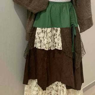 Printwork Color Block Lace Contrast A-Line Gypsy Long Skirt