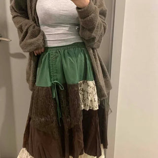 Printwork Color Block Lace Contrast A-Line Gypsy Long Skirt