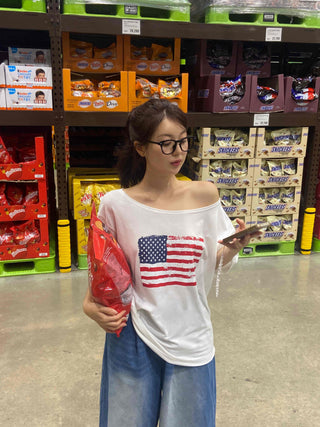 Simple American Flag One-Shoulder Loose Fit T-shirt