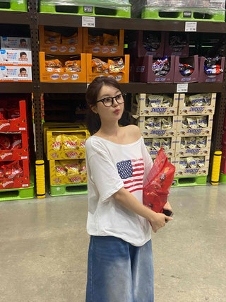 Simple American Flag One-Shoulder Loose Fit T-shirt