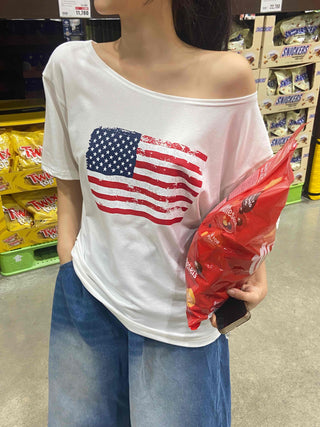 Simple American Flag One-Shoulder Loose Fit T-shirt