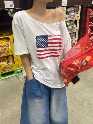 Simple American Flag One-Shoulder Loose Fit T-shirt