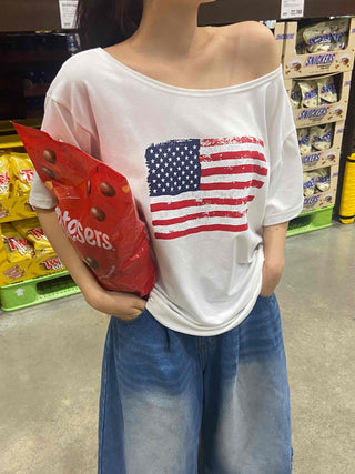 Simple American Flag One-Shoulder Loose Fit T-shirt