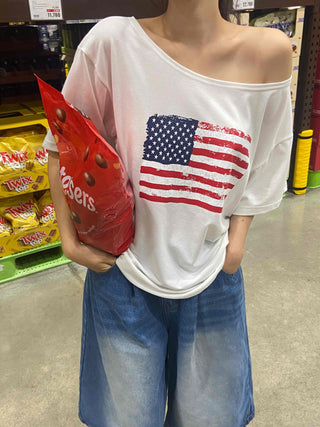 Simple American Flag One-Shoulder Loose Fit T-shirt