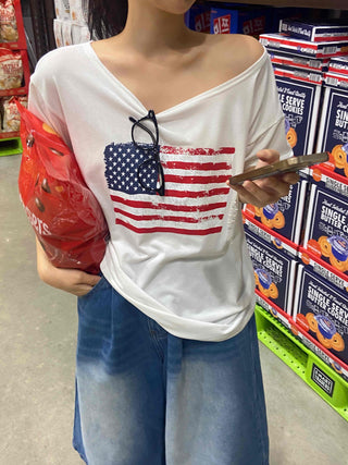 Simple American Flag One-Shoulder Loose Fit T-shirt