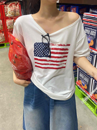 Simple American Flag One-Shoulder Loose Fit T-shirt
