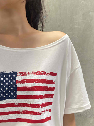 Simple American Flag One-Shoulder Loose Fit T-shirt