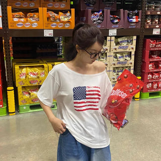 Simple American Flag One-Shoulder Loose Fit T-shirt